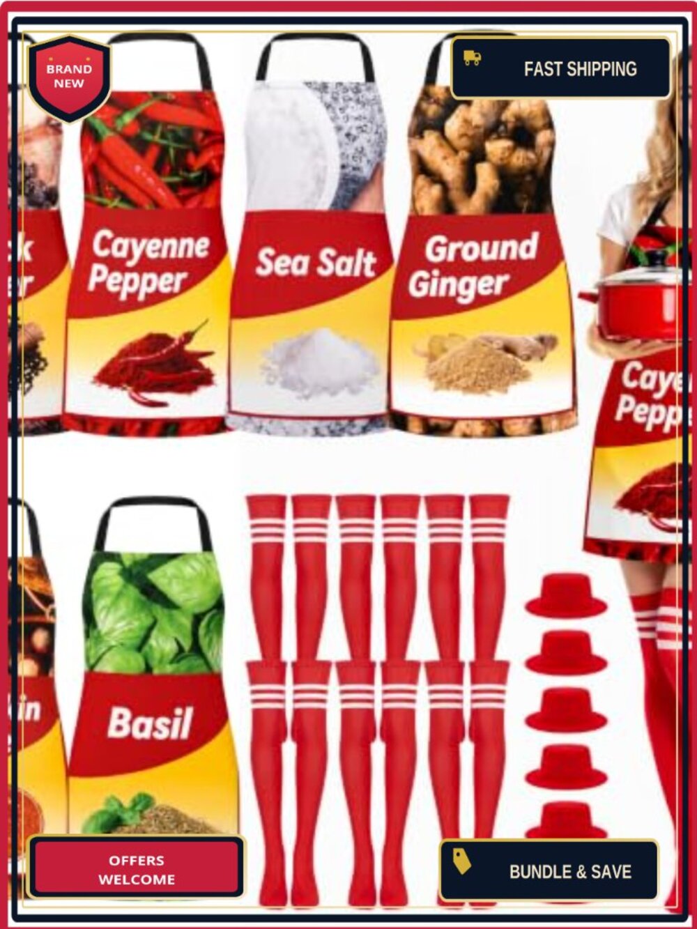 6 Set Halloween Spice Condiment Group Costumes Adult Cosplay Aprons & Socks